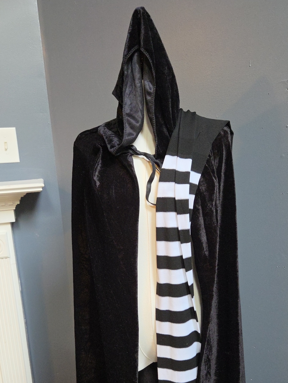 Black Hooded Velvet Long Velvet Cape With Black And White Stockings